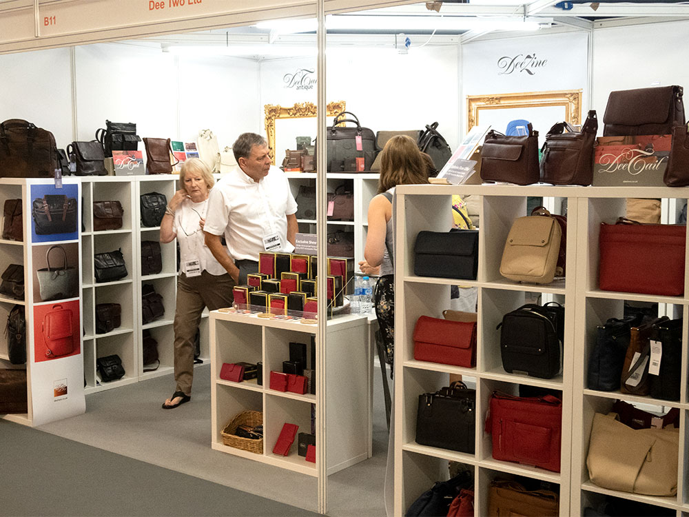 Photograph of Mary and David Davis with clients, on the Dee Two stand at the 2018 Home & Gift Show in Harrogate