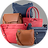 Group photograph of DeeTail bags on a grey circular background