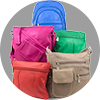 Group photograph of DeeZine bags on a grey circular background